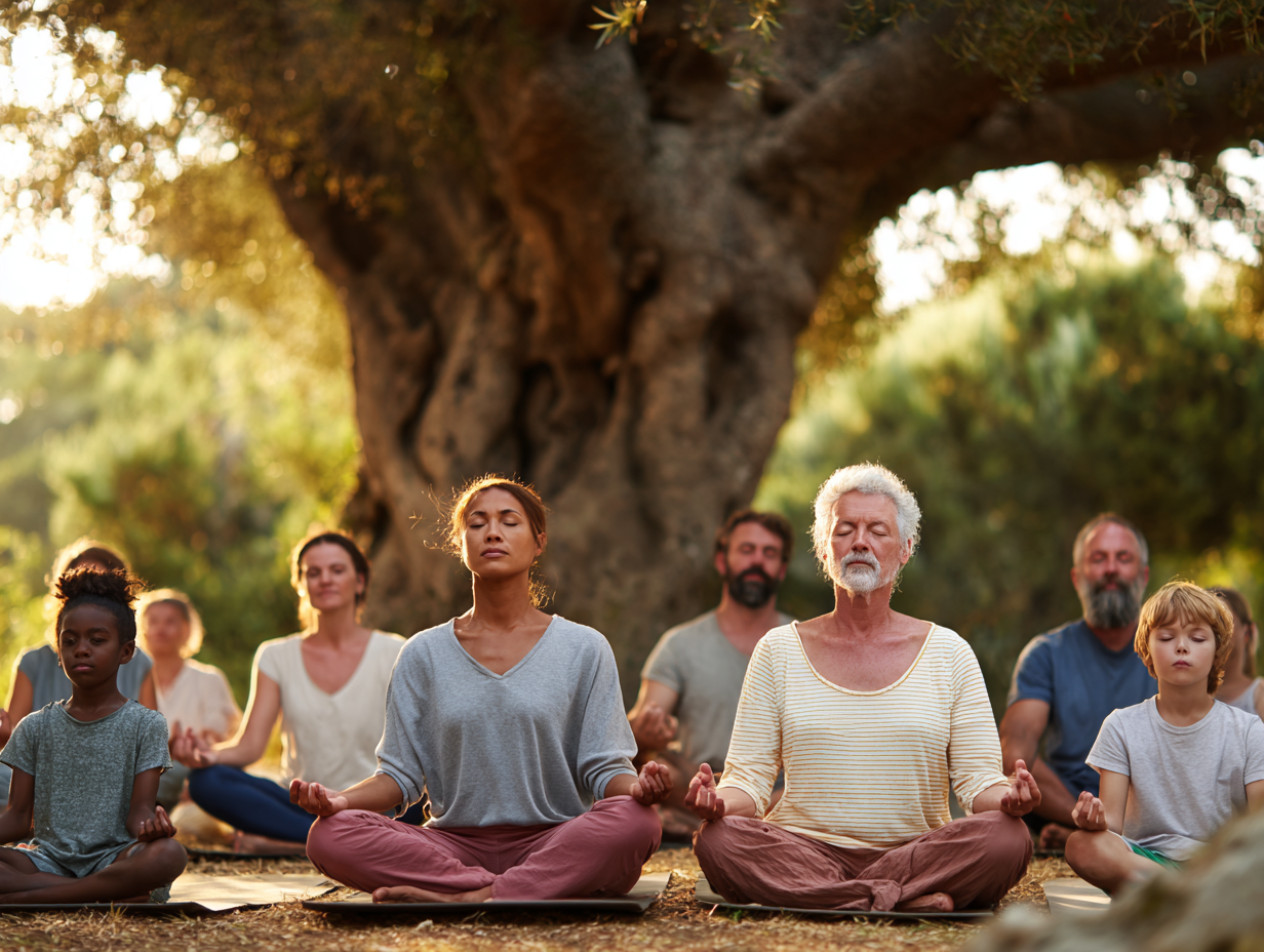 Група людей різного віку медитує в природному оточенні