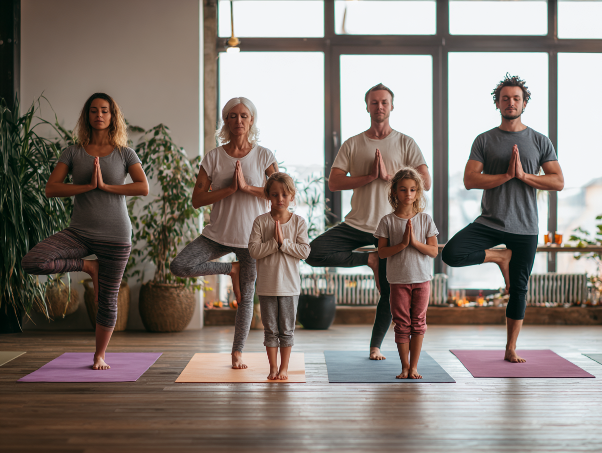 Люди різного віку займаються йогою в спокійній атмосфері